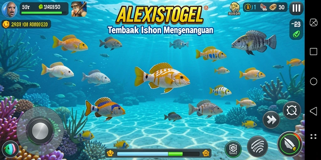 Screenshot utama ALEXISTOGEL menampilkan aksi menembak ikan yang seru.