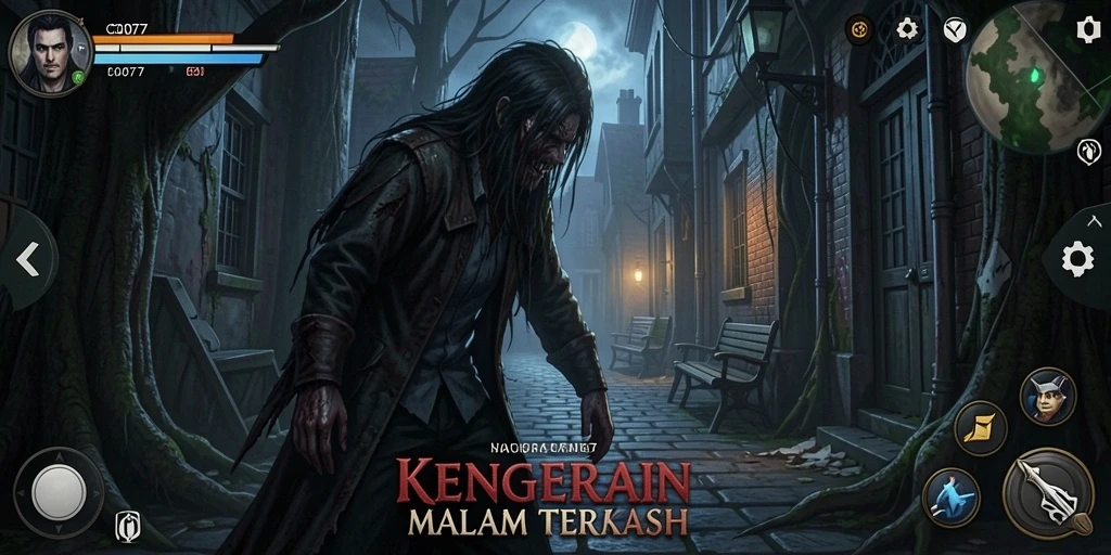 Tangkapan layar C0077 menunjukkan suasana gameplay horor yang mendebarkan.