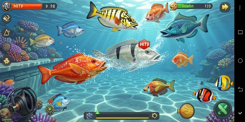Screenshot utama menampilkan aksi menangkap ikan yang seru di HIT9.