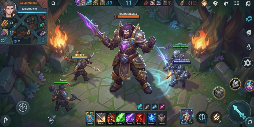 Screenshot gameplay RAJAPANDA88 yang menunjukkan pertarungan epik di arena.