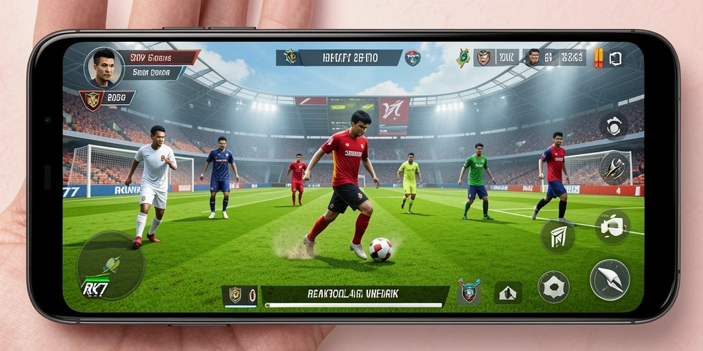 Gameplay RK77 menunjukkan momen seru dalam pertandingan sepak bola.