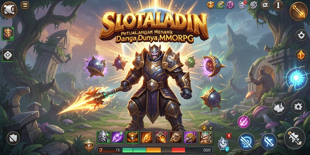 Screenshot utama SLOTALADIN dengan aksi epic dan karakter yang kuat.
