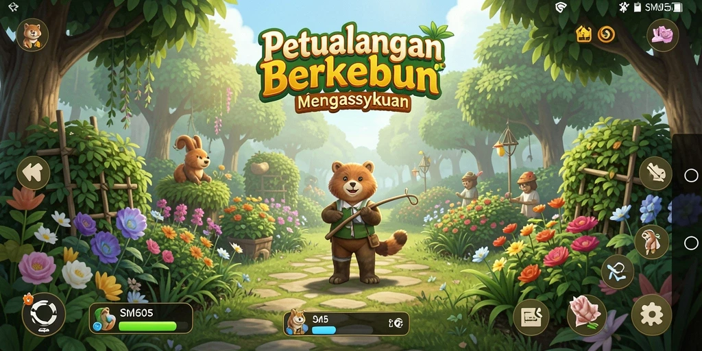 Screenshot utama SM605 menampilkan aktivitas berkebun yang menarik.