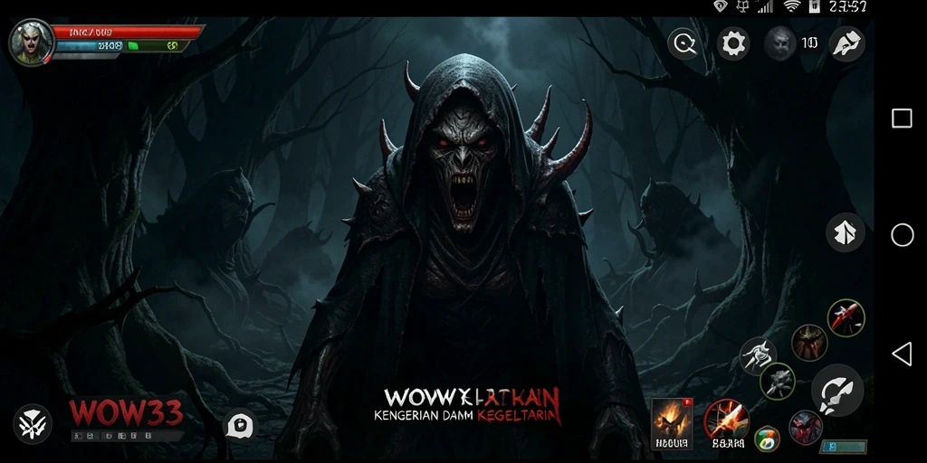 Screenshot WOW33 menampilkan gameplay menegangkan di lingkungan yang gelap dan menakutkan.